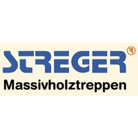 Blaues Logo von Streger mit dem Schriftzug Massivholztreppen auf weissem Grund